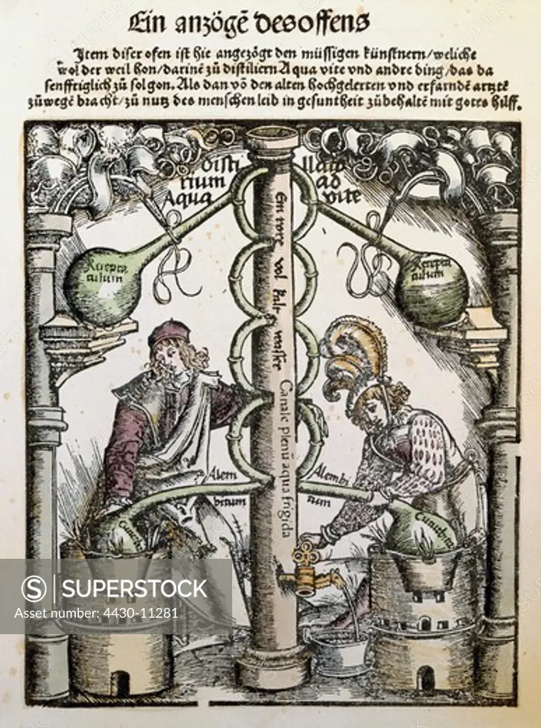 alchemy distilliation stove with two adepts woodcut ""Coelum Philosophorum"" by Philipp Ulstadt Strassburg circa 1520/1530 private collection,