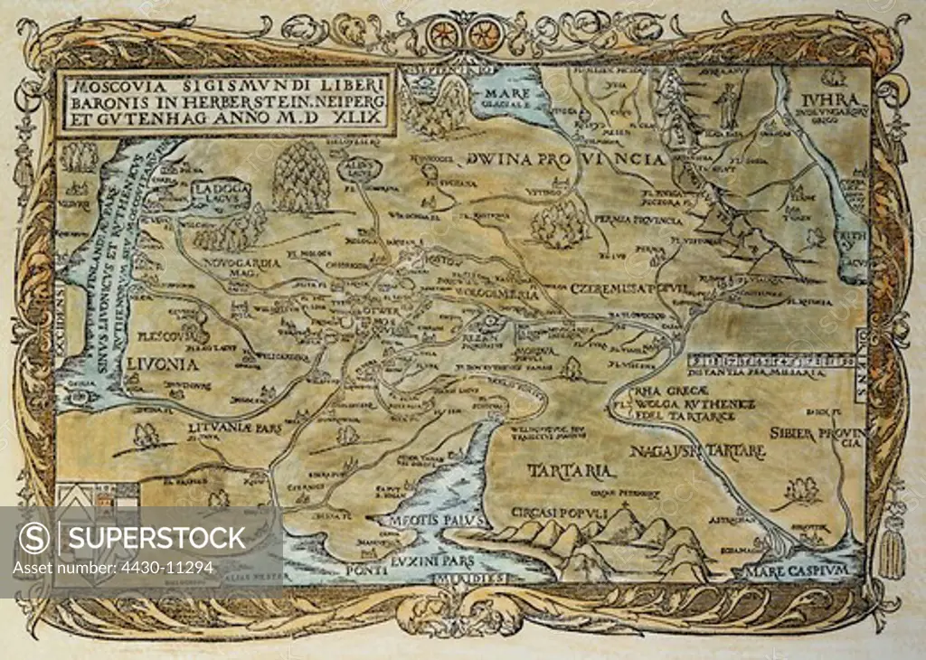 cartography historical maps ""Moscovia"" (Muscovy) woodcut coloured from ""Reise zu den Moskowitern 1526"" (Journey to the Muscovites) by Sigismund zu Herberstein (1486 - 1566) Austria 1567 private collection,