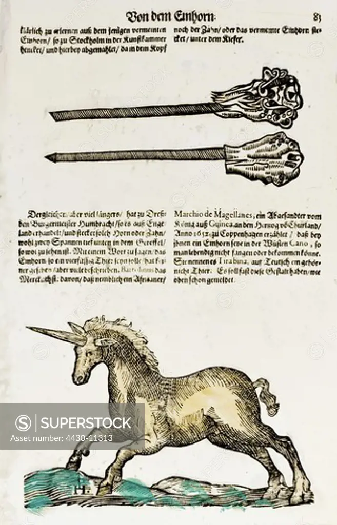 superstition mythical creatures unicorns graphic ""Von dem Einhorn"" (About the unicorn) woodcut coloured from ""Historia animalium"" by Conrad Gessner Zurich Switzerland 1551 - 1558 private collection,