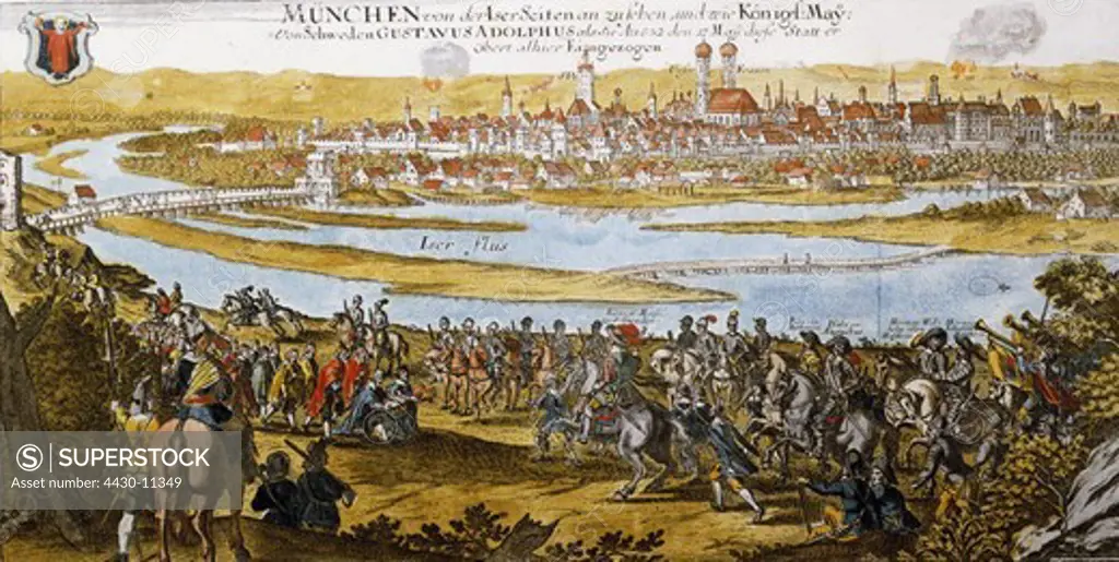 events Thirty Years War 1618 - 1648 Swedish intervention 1630 - 1635 the Swedes entering Muinich 17.5.1632 engraving ""Topographia Bavariae"" von Matth_us Merian coloured Stadtmuseum Munich,