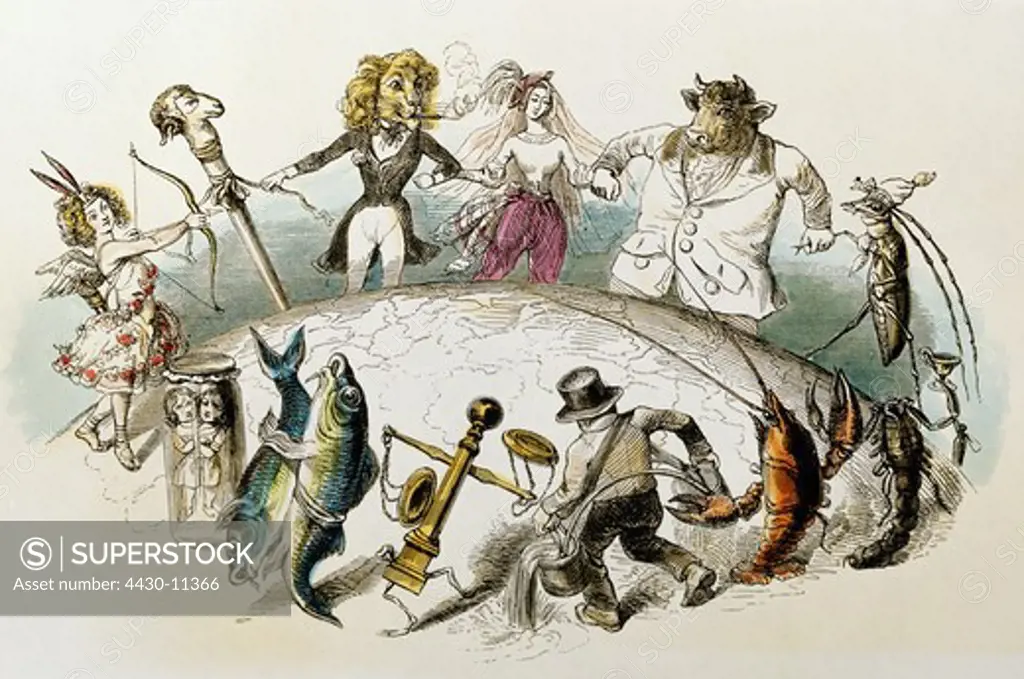 astrology zodiac signs caricature ""The zodiac in a round dance around the world"" coloured engraving by von Grandville ""Les etoiles animees"" Paris 1847 private collection,