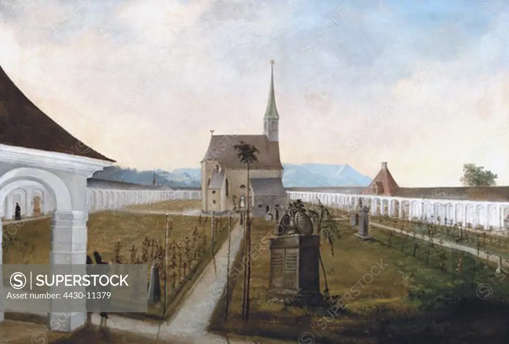 death cemeteries old cemetary in Traunstein painting circa 1830 oil on canvas Traunstein,