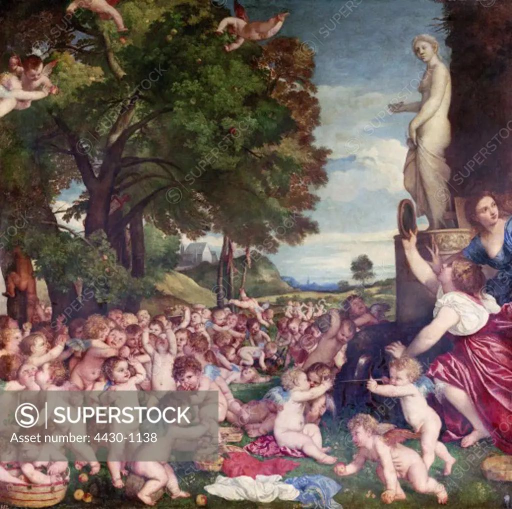 fine arts, Titian (Tiziano Vecellio), painting, ""The Worship of Venus"", oil on canvas, 1518, 175 cm x 172 cm, Prado, Madrid,