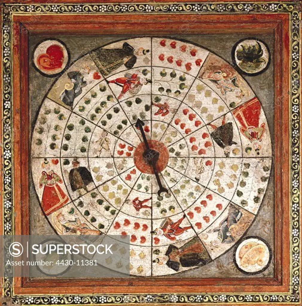 game and gambling board games poch board with needle roulette backside bismuth and tempera on beech panel Southern Germany 1583 Bavarian National Museum Munich,
