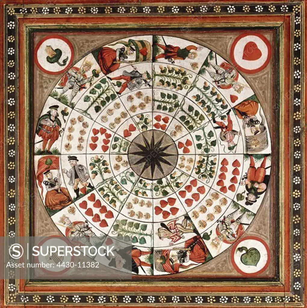game and gambling board games poch board open card game backside bismuth and tempera on panel Southern Germany circa 1580 Bavarian National Museum Munich,