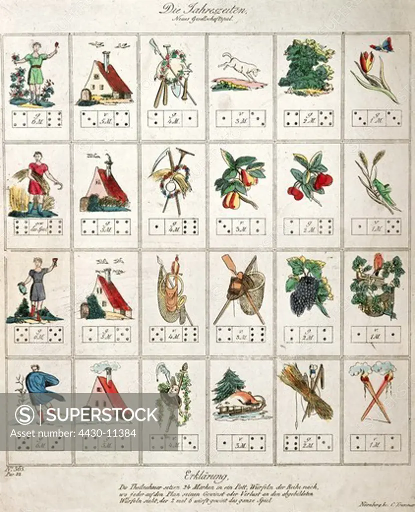 game and gambling parlour games ""the seasons"" sheet with rules colour etching Christian Trummer Publishing Nuremberg circa 1820 Bavarian National Museum Munich,
