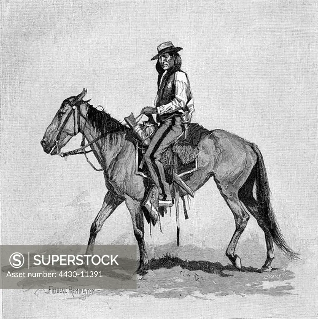 geography/travel USA people Native Americans reservation San Carlos Arizona native policeman engraving after Frederic Remington (1861 - 1909) Apache police North America American Indians 19th century historic historical,
