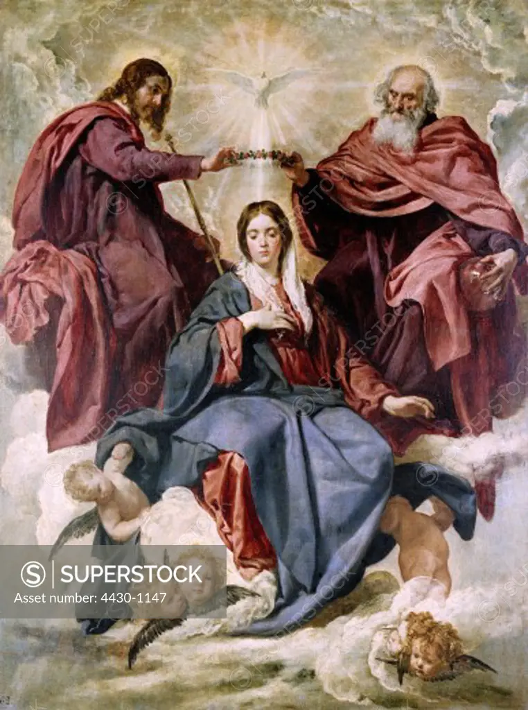 fine arts, Velazquez, Diego Rodriguez de Silva y (1599 - 1660), painting ""Coronacion de la Virgen"" (The Coronation of the Virgin), 1641 - 1644, oil on canvas, Prado, Madrid,