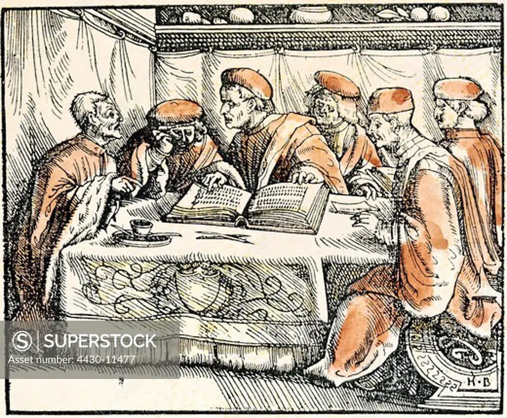medicine physicians six doctors disputing coloured woodcut by Hans Burgkmair German issue of Marcus Tullius Cicero ""De officiis"" Augsburg 1531 private collection,
