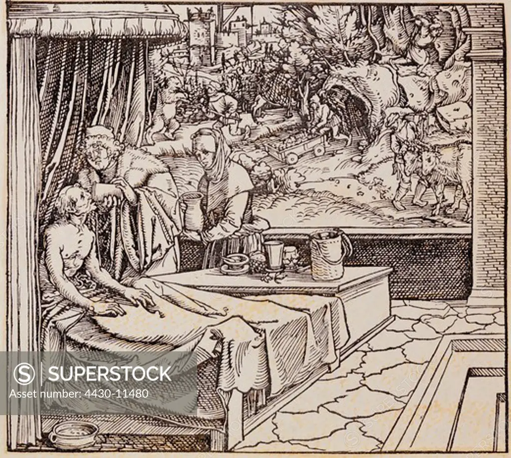 medicine treatment physician giving a patient a potion woodcut by Hans Weiditz German issue of Marcus Tullius Cicero ""De officiis"" Augsburg 1531 private collection,