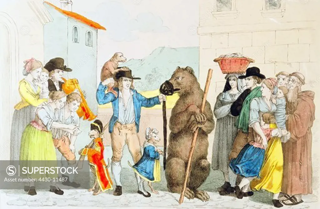 circus animal training bear and dogs coloured engraving Italy circa 1840 Stadtmuseum Munich,