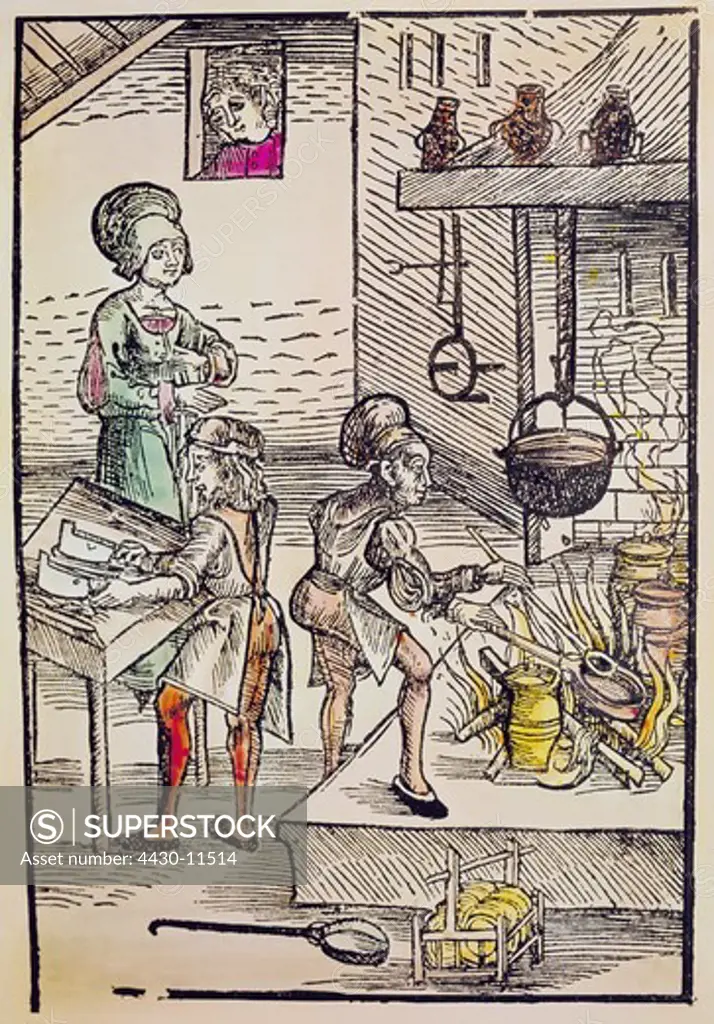 household kitchen and kitchenware coloured woodcut Strasbourg Germany 1516 from ""Kuechenmeisterei"" (Fine cooking),