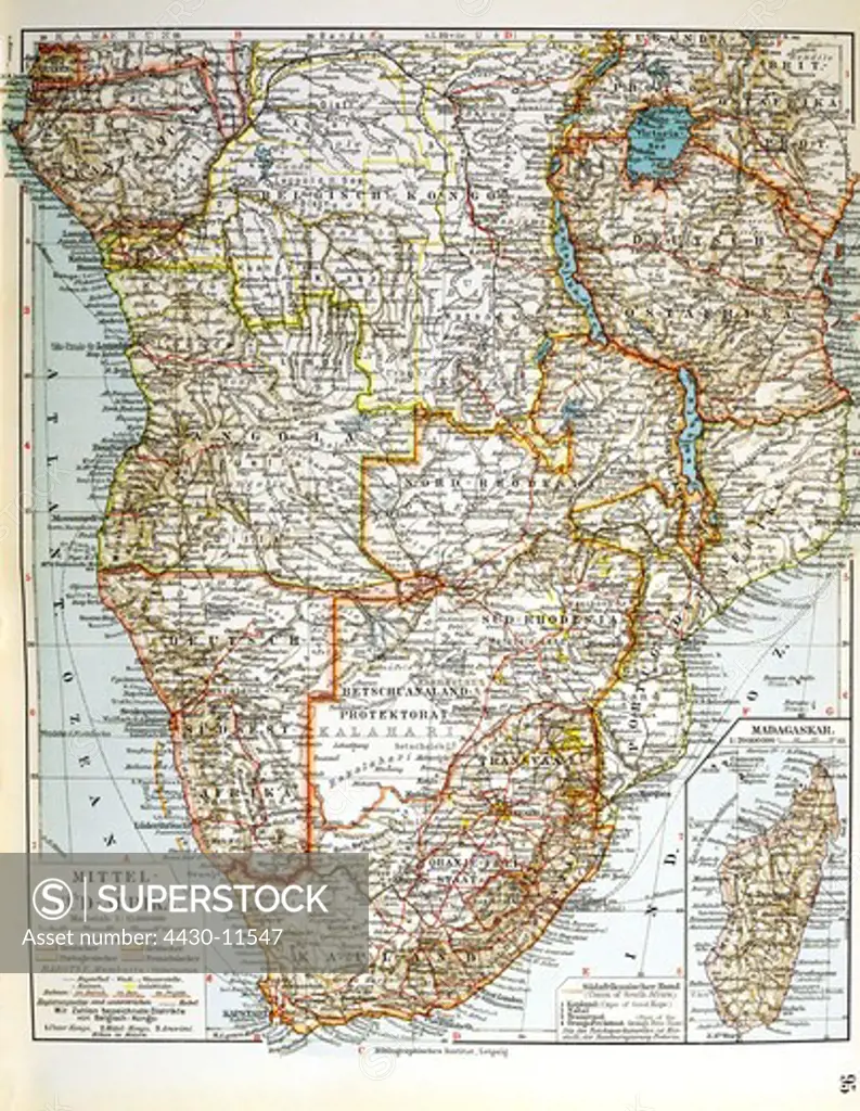 cartography maps Southern and Central Africa colour lithograph ""Meyers Geographischer Handatlas"" Bibliographical Institute Leipzig 1912 private collection,