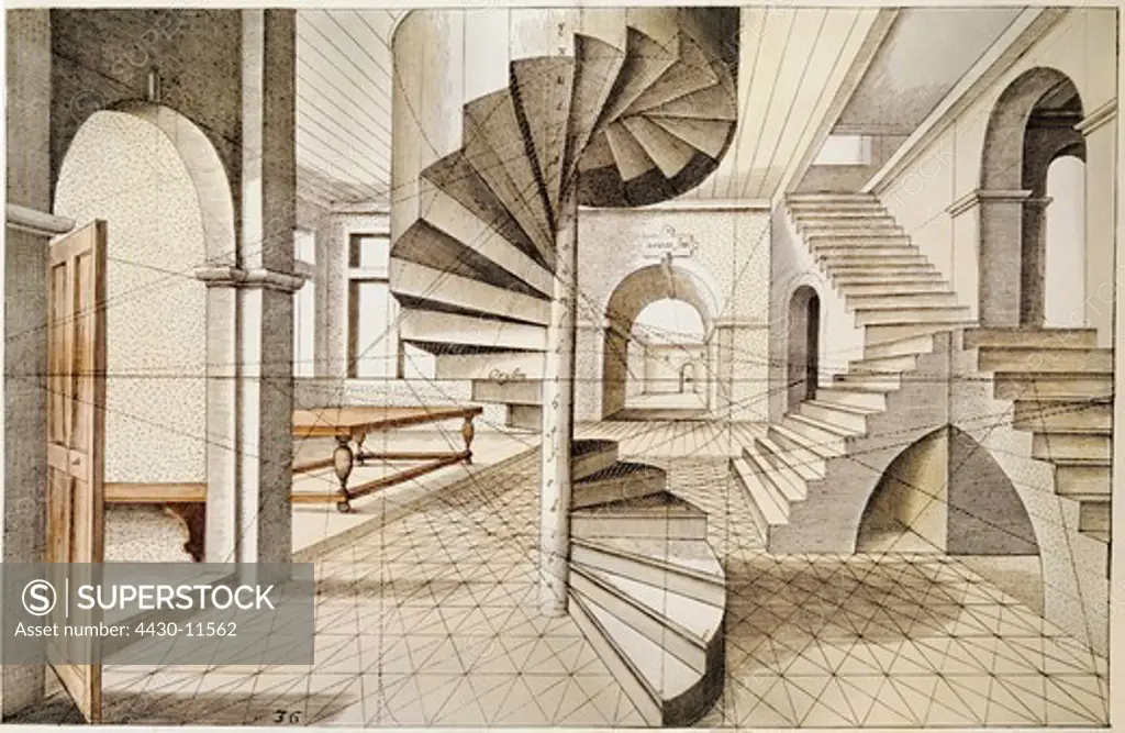 architecture details stairs colourted copper engraving ""Perspectiva"" by Hans Vredeman de Vries printed by Hendrik Hondius Leiden 1604 private collection,