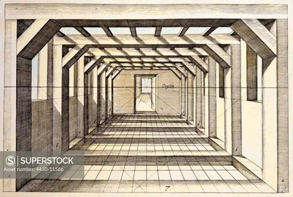 architecture details pergola colourted copper engraving ""Perspectiva"" by Hans Vredeman de Vries printed by Hendrik Hondius Leiden 1604 private collection,