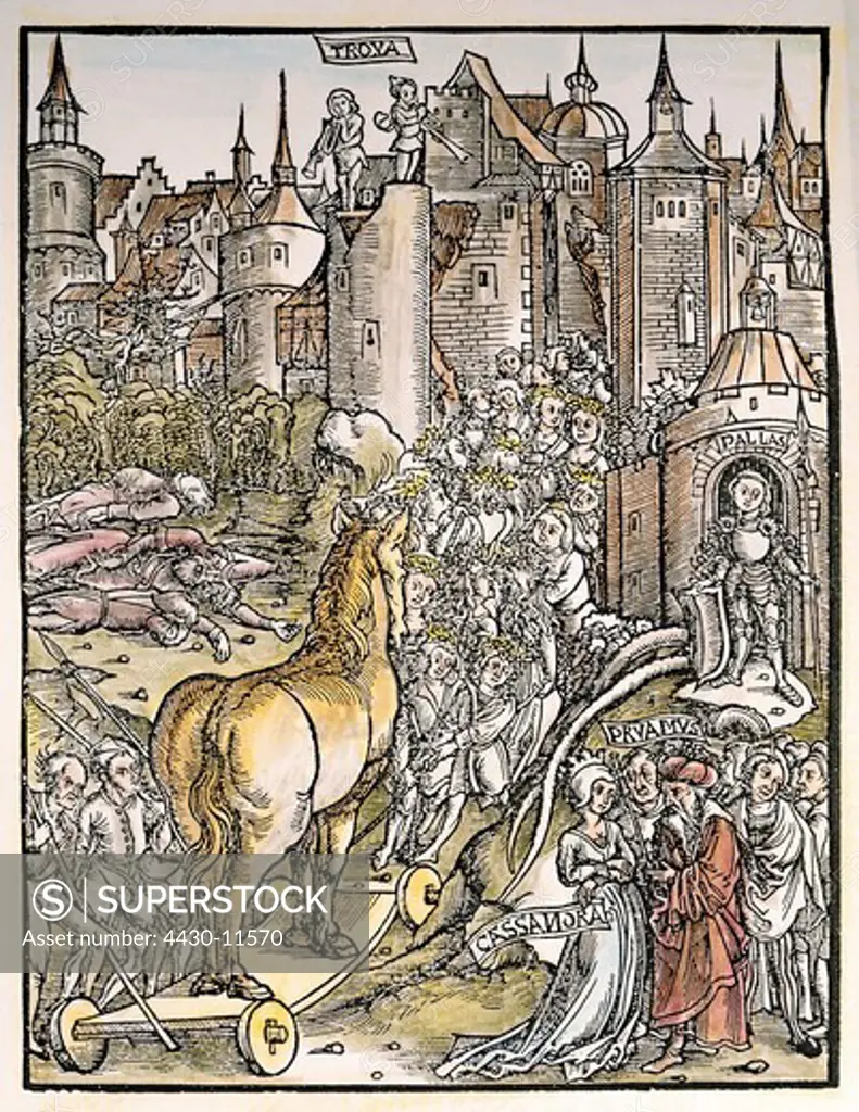 literature Vergil ""Aeneid"" illustrations coloured woodcut for the second volume edition of 1502 Strasbourg Germany edited by Sebastian Brant (1457-1521) printed by Johannes Grueninger private collection,