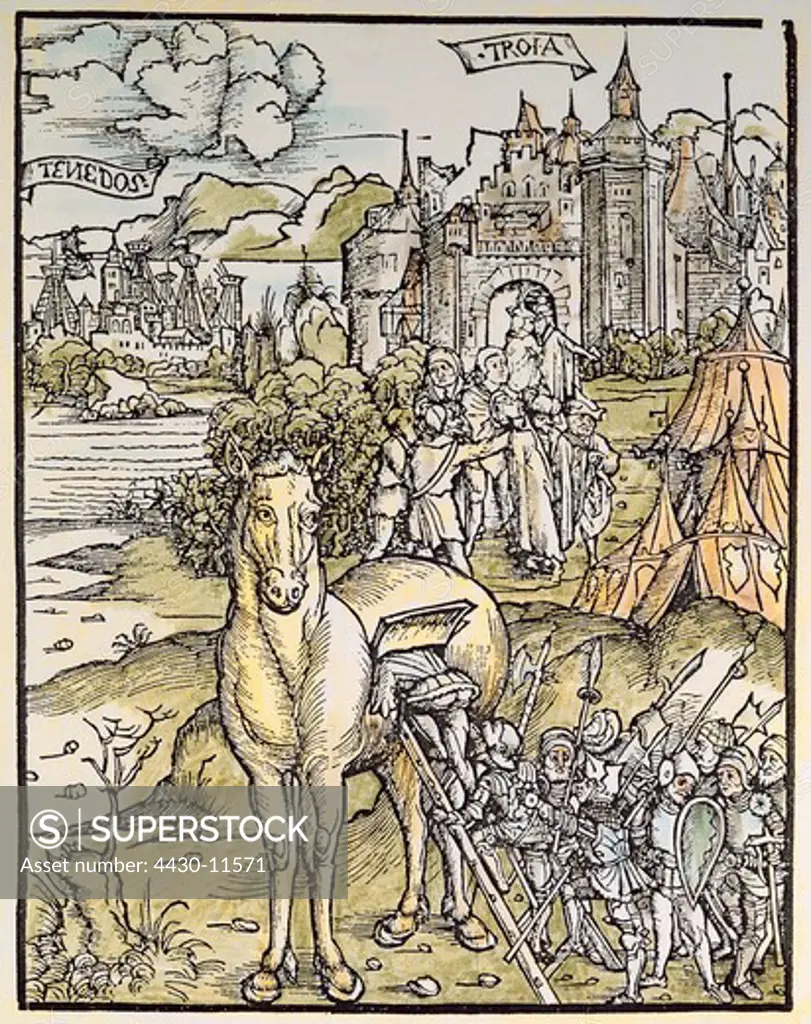 literature Vergil ""Aeneid"" illustrations coloured woodcut for the second volume edition of 1502 Strasbourg Germany edited by Sebastian Brant (1457-1521) printed by Johannes Grueninger private collection,