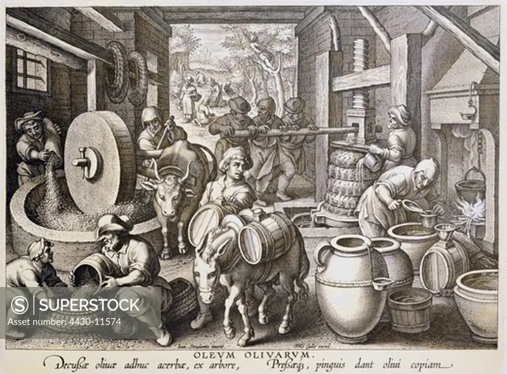 food production ""Oleum Olivarum"" (Olive Oil) copper engraving by Theodor Galle or Jan Collaert based on Johannes Stradanus (1523-1605) from ""Nova Reperta"" (New inventions) circa 1580 private collection,