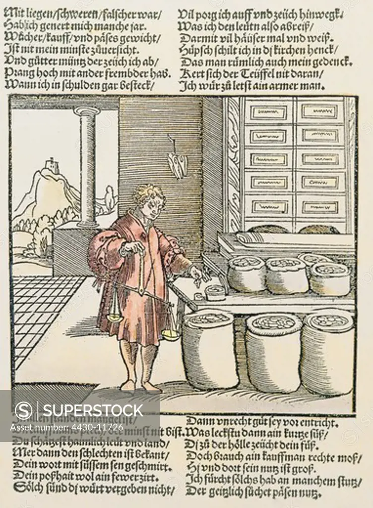 trade merchants ""Der betruegerische Kaufmann"" (The deceitful merchant) from ""Der Teutsch Cicero"" (The German Cicero) by Steiner woodcut coloured Augsburg Germany 1535,