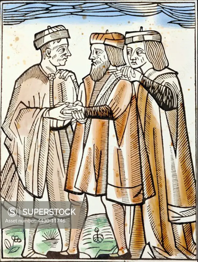 superstition fortuneteller palmist reads the hand of a customer woodcut coloured Paris France circa 1520,