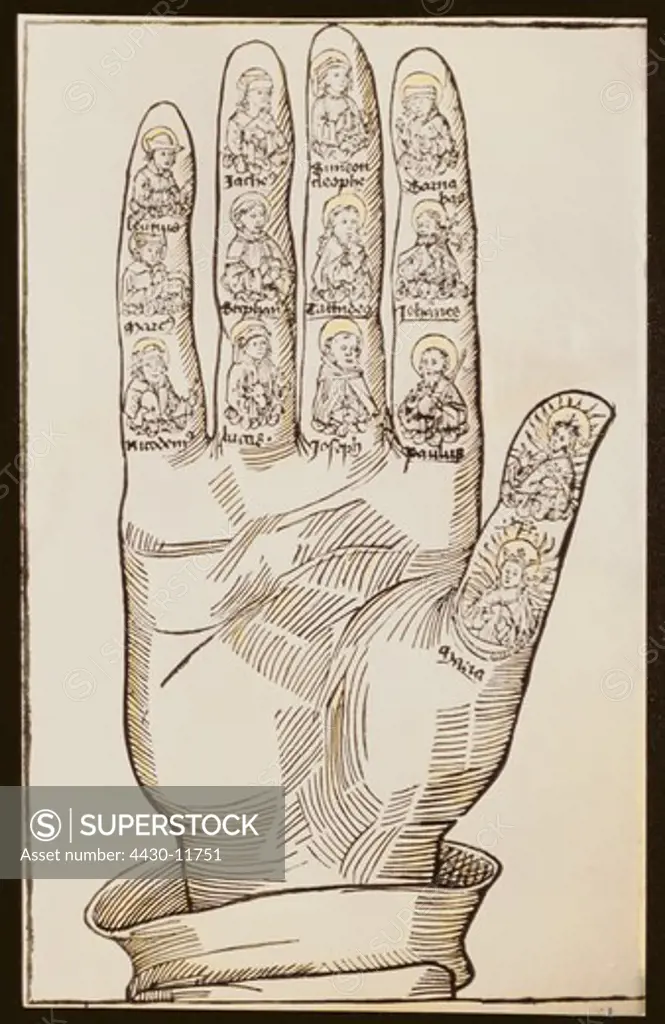 superstition chiromancy ""Die rechte Hand"" (The right hand) Christian interpretation woodcut coloured from ""Schatzbehalter"" (Treasure box) by Anton Koberger Nuremberg Germany 1484,