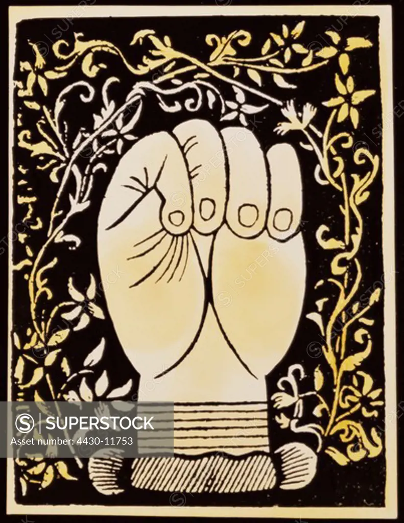 superstition chiromancy closed hand woodcut coloured from ""L` Art de Chyromance"" (The art of palmistry) by Andreas Corvus Lyon France circa 1545,