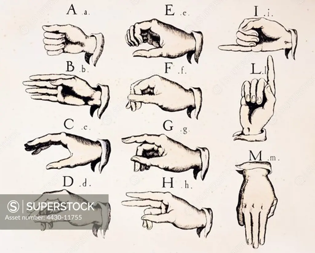 medicine deaf persons sign language alphabet letters A - M hand positions engraving coloured Great Britain circa 1830,