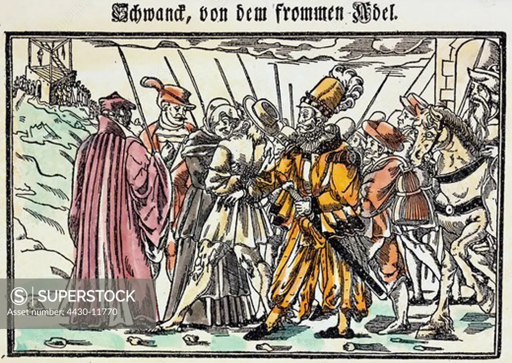 people society ""Schwanck von dem frommen Adel"" (Droll story of the devotional nobility) by Hans Sachs (1494 - 1576) Nuremberg Germany 1549,