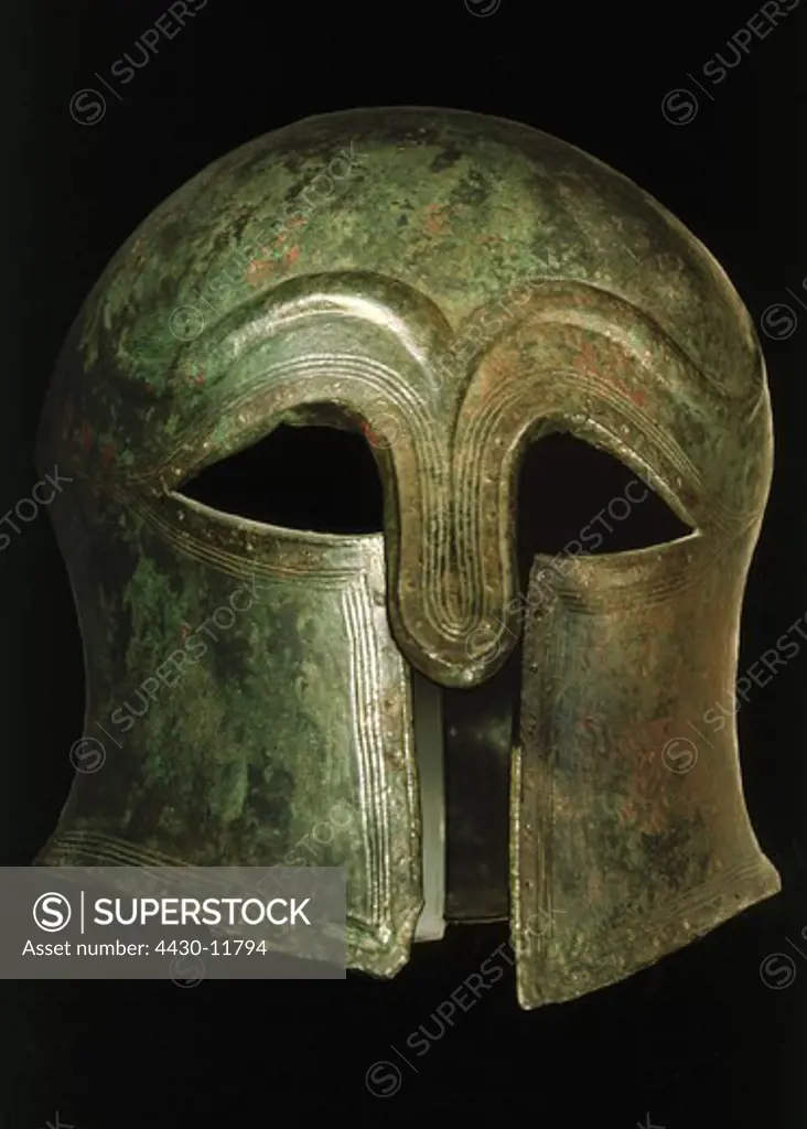 weapons/arms defensive arms helmets Corinthian helmet from lower Italy late 6th century BC bronze Landesmuseum Karlsruhe ancient world Greece armour hoplite hoplites historic historical,