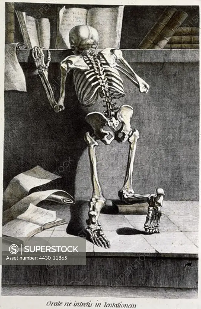medicine anatomy kneeling skeleton ""pray and let not be tempted"" copper engraving 18th century private collection,