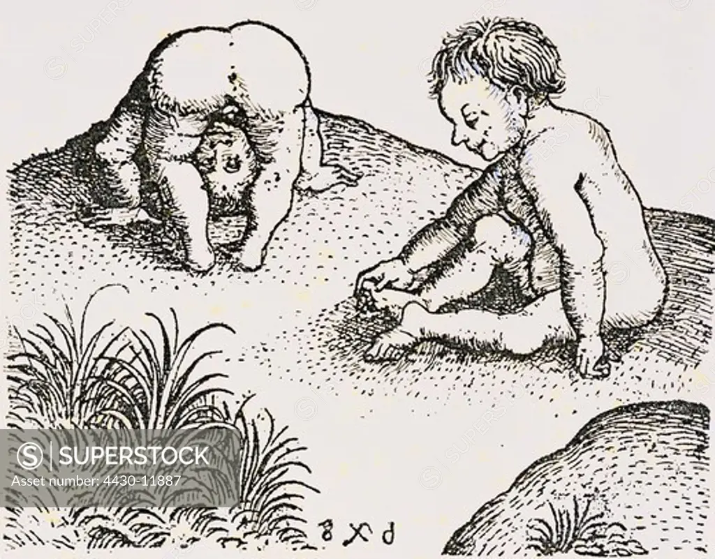 people children two boys playing nude copper engraving late 15th century,