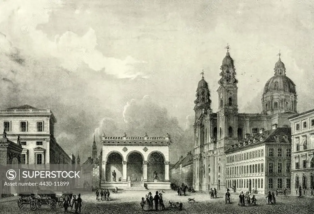 Germany Munich squares Odeonsplatz square Feldherrnhalle and Theatiner church around 1850 lithograph after steel engraving by J.Poppel Berlin 1912,