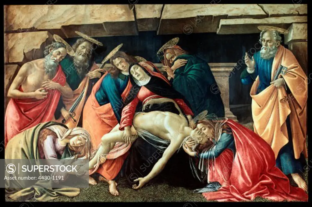 fine arts, Botticelli, Sandro, (1444/5 - 1510), Italian artist (painter), ""Lamentation of Christ"", circa 1490, panel, 140 x 207 centimetre, Alte Pinakothek, Munich,
