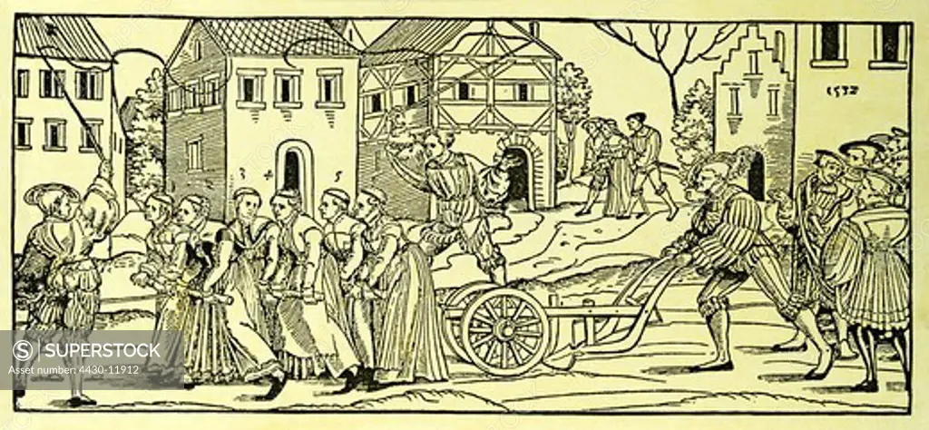 tradition carnival virgins pulling cart woodcut Holbein studio Germany 1532 private collection,