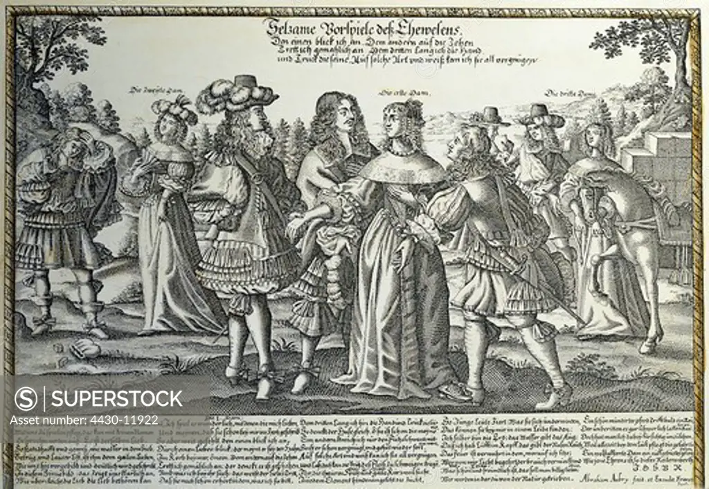 people women 16th - 18th century caricature ""Strange preludes to marriage"" copper engraving by Abraham Aubry Frankfurt on the Main Germany mid 17th century private collection,