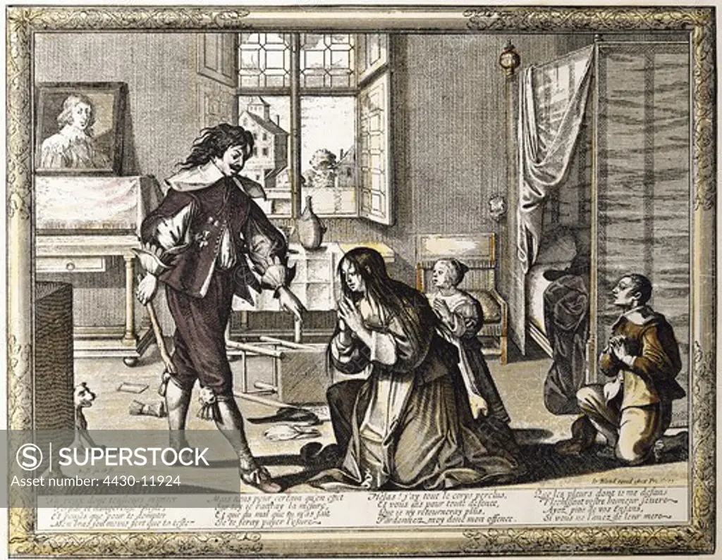 people women 16th - 18th century ""The bad housewife"" copper engraving coloured by Abraham Bosse (1602 - 1676) Paris France circa 1670 private collection,