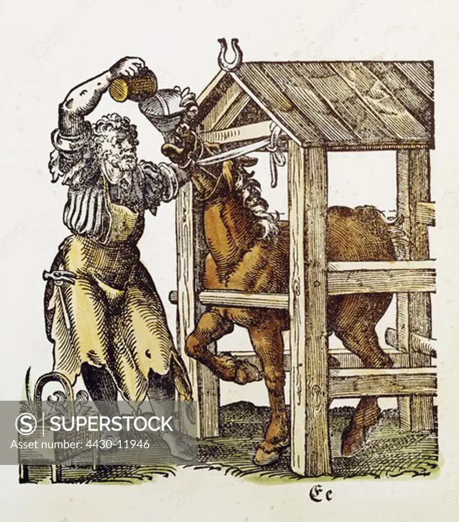 medicine veterinary medicine sick horse is getting medicine woodcut coloured height 11.9 cm by Jost Amman (1539 - 1591) from ""Kunnst- und Lehrbuechlein fuer die anfahenden Jungen daraus reissen und malen zu lernen"" (art and schoolbook for boys who are learning how to draw and paint) Frankfurt on the Main Germany 1578,