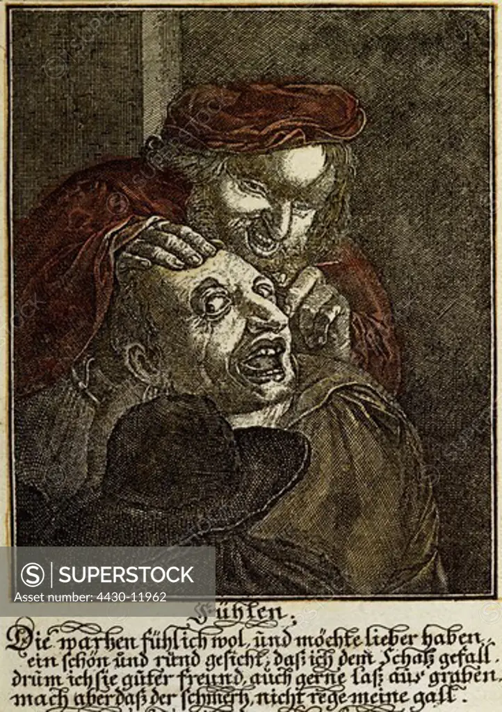 medicine treatment cutting out warts satirical illustration from ""Die fuenf Sinne"" (The five senses) copper engraving coloured Southern Germany mid 17th century private collection,
