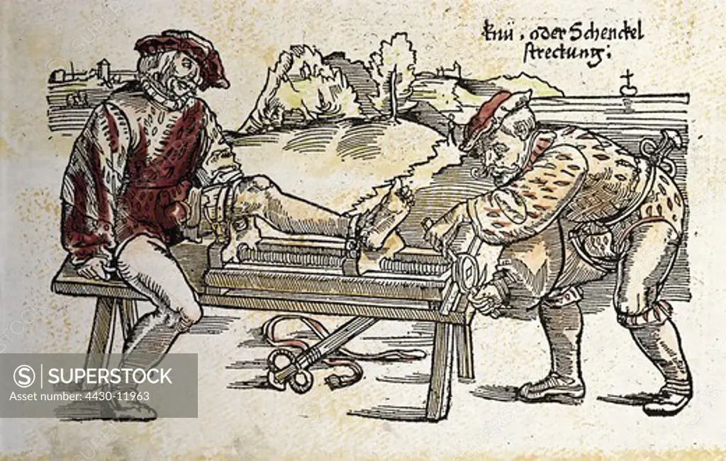 medicine treatment treatment of the knee or the lower leg woodcut coloured from ""Feldtbuch der Wundartzney"" by Hans von Gersdorff Strasbourg Germany 1528,