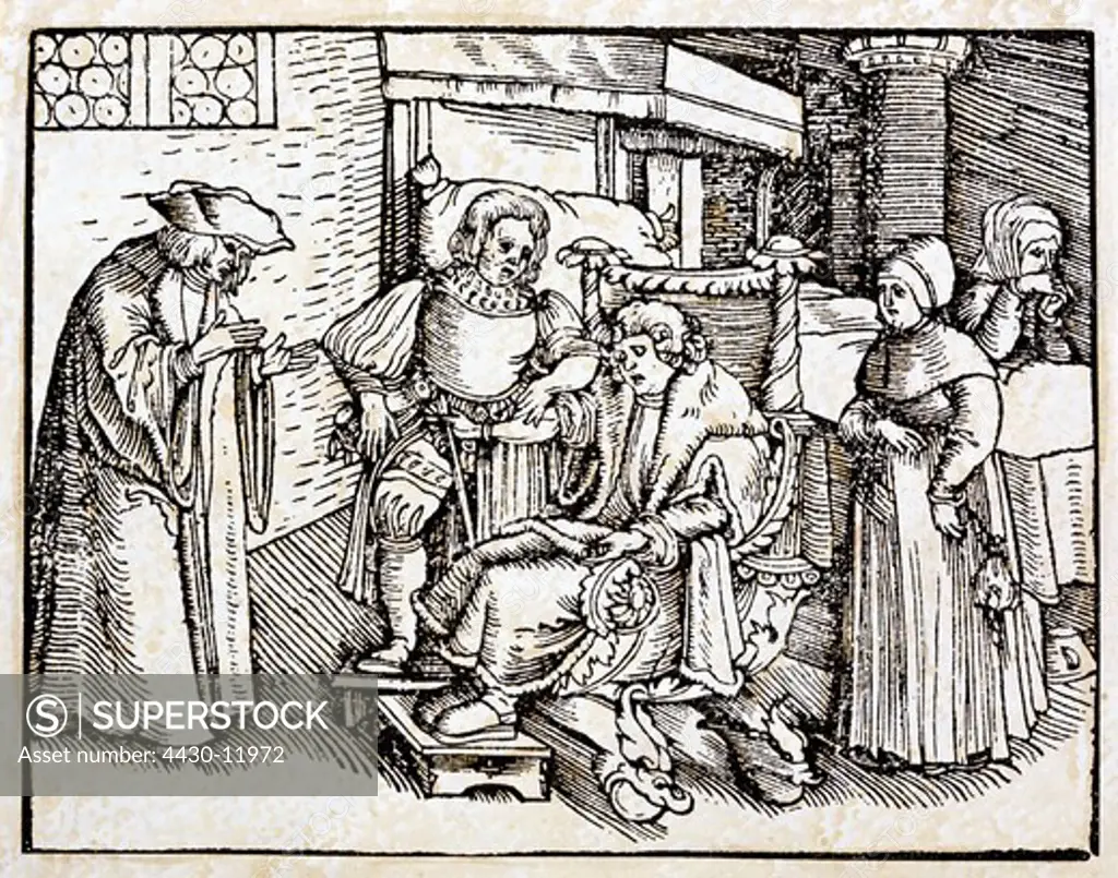 medicine treatment bloodletting venesection woodcut by Hans Weiditz (um 1500 - 1536) from ""Ein nutzlich Regiment der Gesundtheit"" by Luis Lobera de Avila Augsburg Germany 1531,