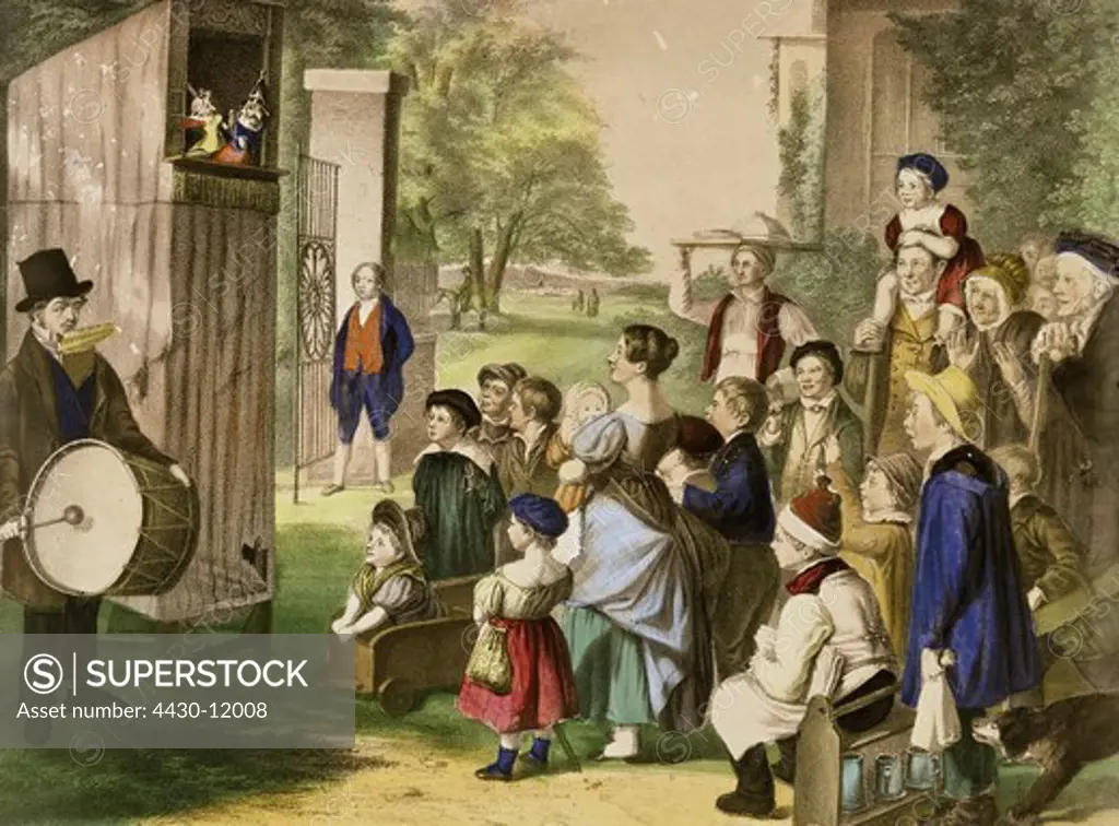 theatre puppet theatre performance ""Punch and Judy"" travelling theatre at an estate colour lithograph England circa 1840 Munich Stadtmuseum,
