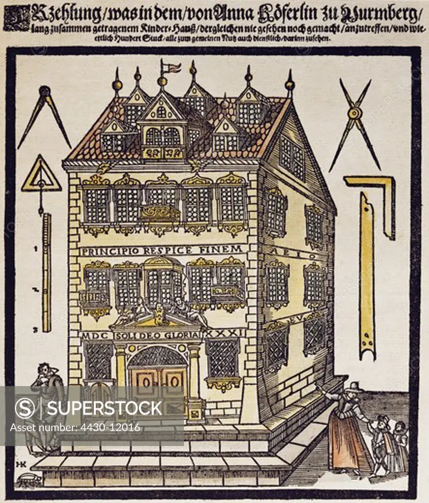 toys dolls dollhouse of Anna Koeferlin Nuremberg 1631 coloures wood engraving by H. Kaefer private collection,