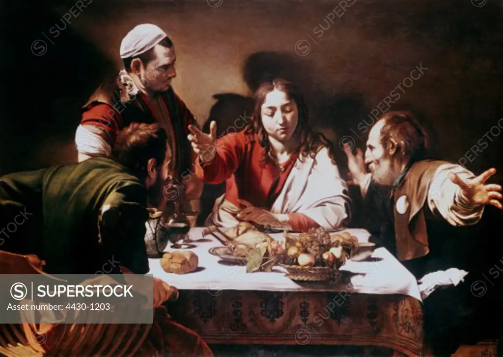 fine arts, Caravaggio, Michelangelo da (1573 - 1610), painting, ""supper at Emmaus"", 1601 - 1602, oil on canvas, 139 cm x 195 cm, National Gallery, London,