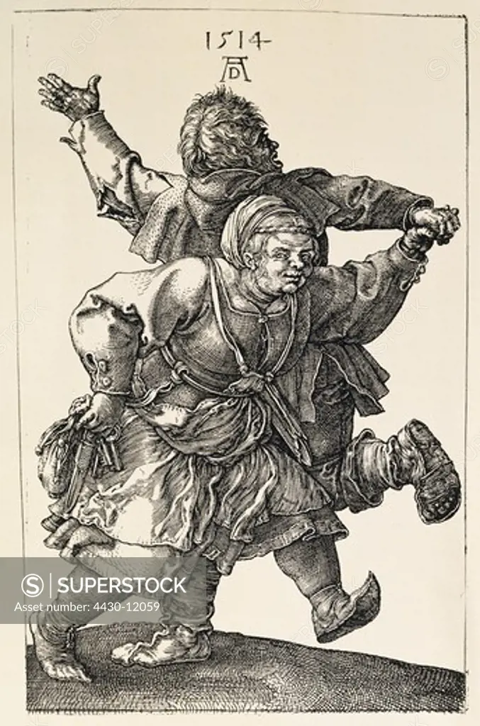 dance dancers dancing peasant couple copper engraving by Albrecht Duerer 1514 private collection,