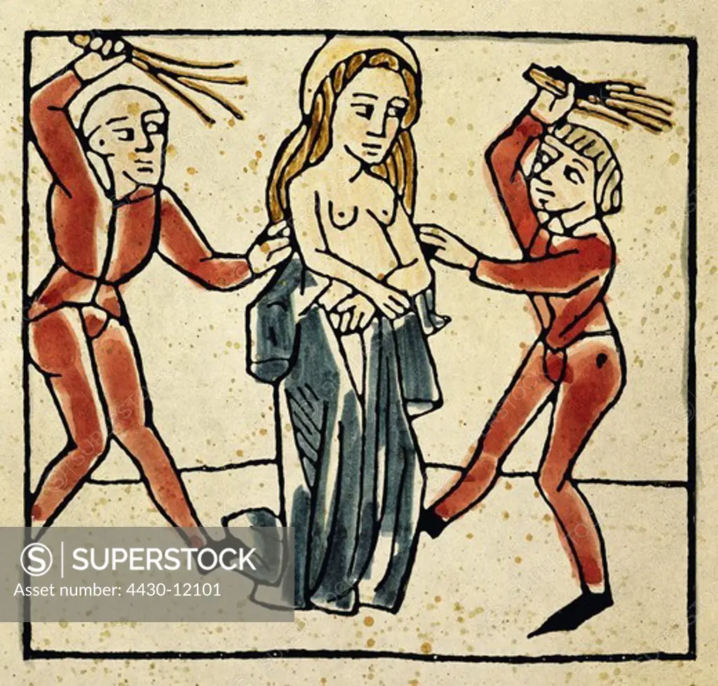 justice penitentary system flogging flagellation of a female saint woodcut Jacobus de Voragine ""Legenda Aurea"" (1292 - 1298) Cologne 1485 private collection,
