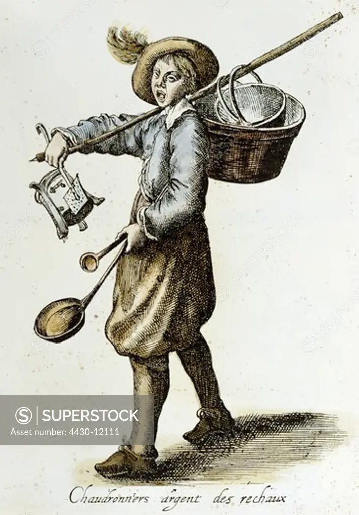 trade street hawkers coppersmith coloured etching ""Les Cris de Paris"" by Pierre Brebiette 1640 - 1645 private collection craftsman trader vendor people profession dishes France 17th century historic historical,
