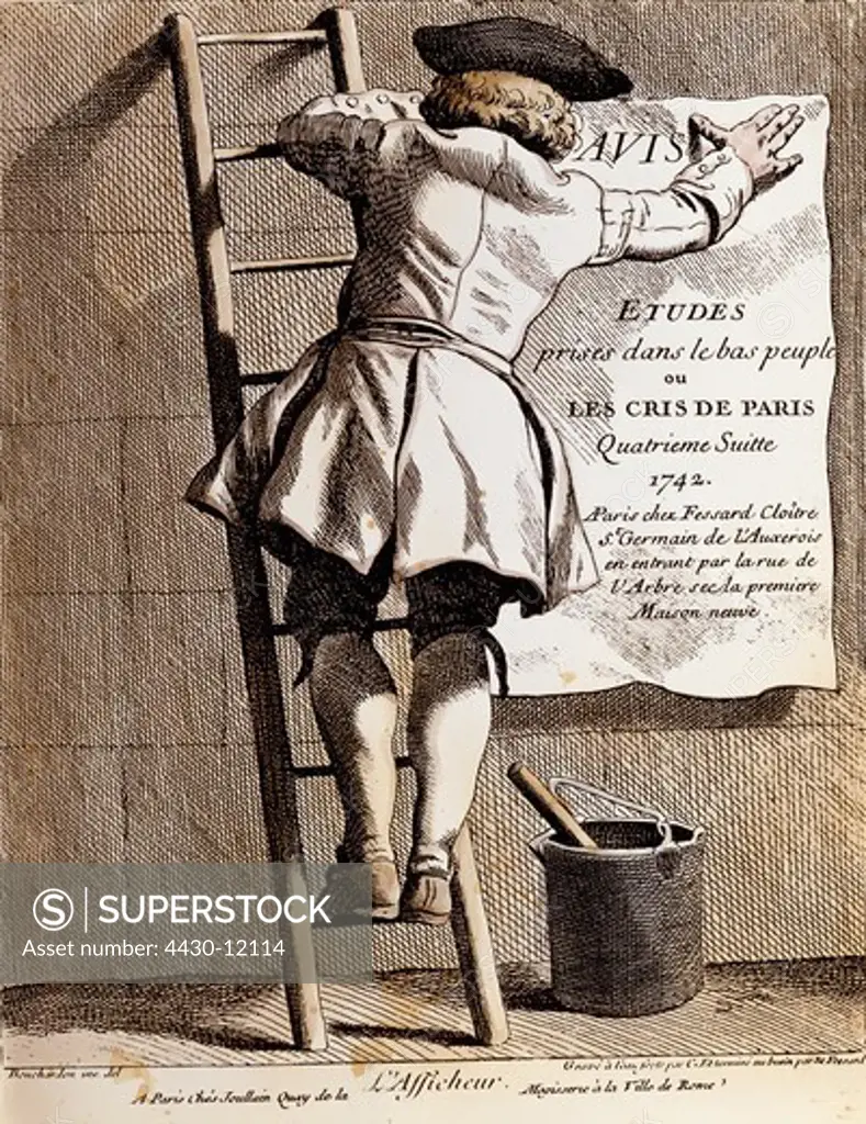 people professions billposter etching by Etienne Fessard ""Etudes prises dans le bas peuples ou les cris de Paris"" first page 4th volume Paris 1742 private collection,