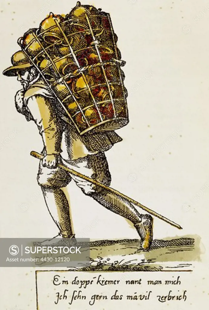 trade peddlers pot monger coloured copper engraving Northern Germany circa 1670 private collection trader vendor people profession pot hamper back 17th century historic historical,