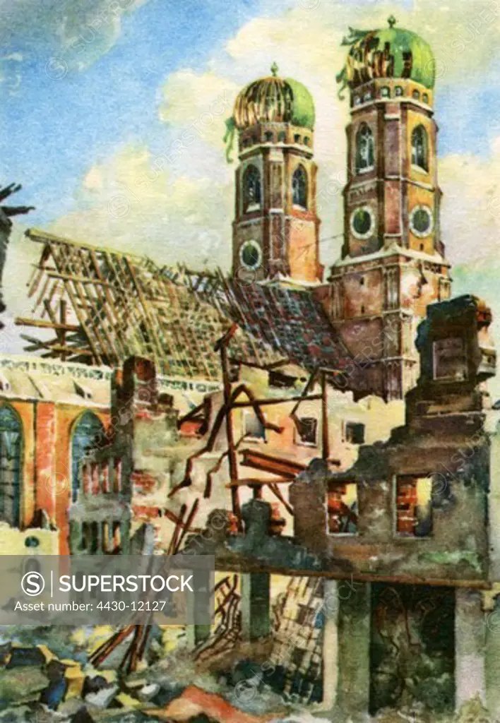 Germany Munich postwar period churches Frauenkirche exterior view destroyed: 1944 print after watercolour by Gebhard Reitz 1946,