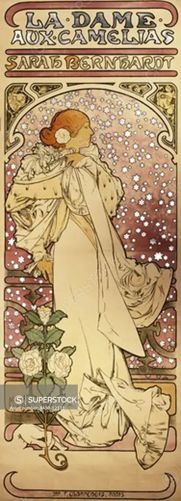 theatra posters ""Sarah Bernhardt - La Dame aux Camelias"" Theatre de la Renaissance Paris 1896 lithograph by Alfons Mucha,